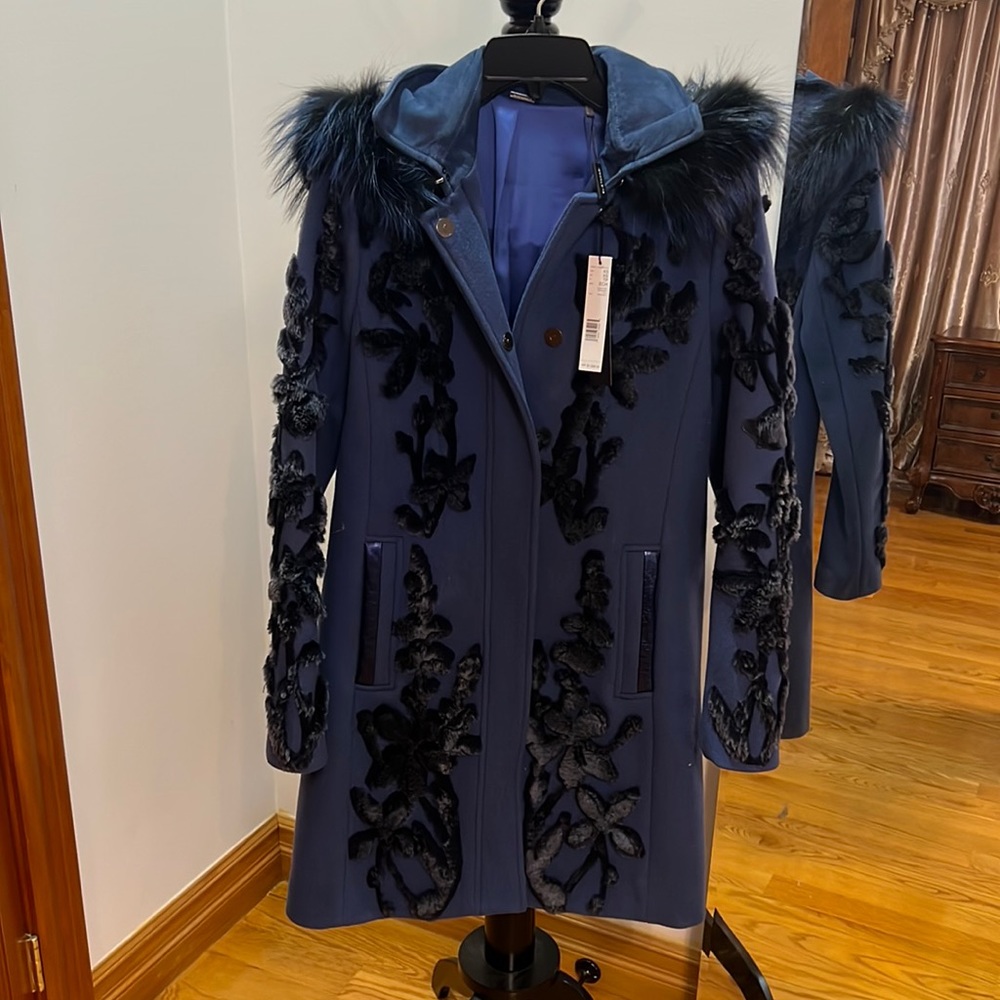 NWT Elie Tahari Julia Fur Trim Wool Jacket in Blue
